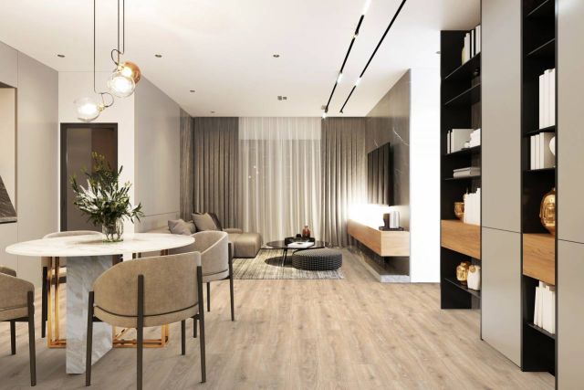 Suelo Laminado Hidrófugo AC5 12mm Hábitat Plus Roble 123 instalado en una cocina