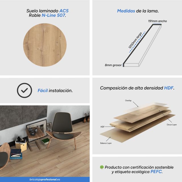 Características Suelo Laminado AC5 N-Line Roble 507