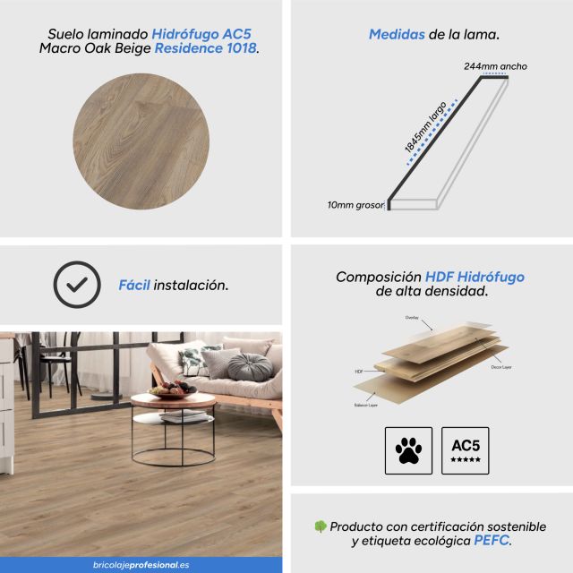 Características Suelo Laminado Hidrófugo AC5 10mm Residence Macro Oak Beige 1018