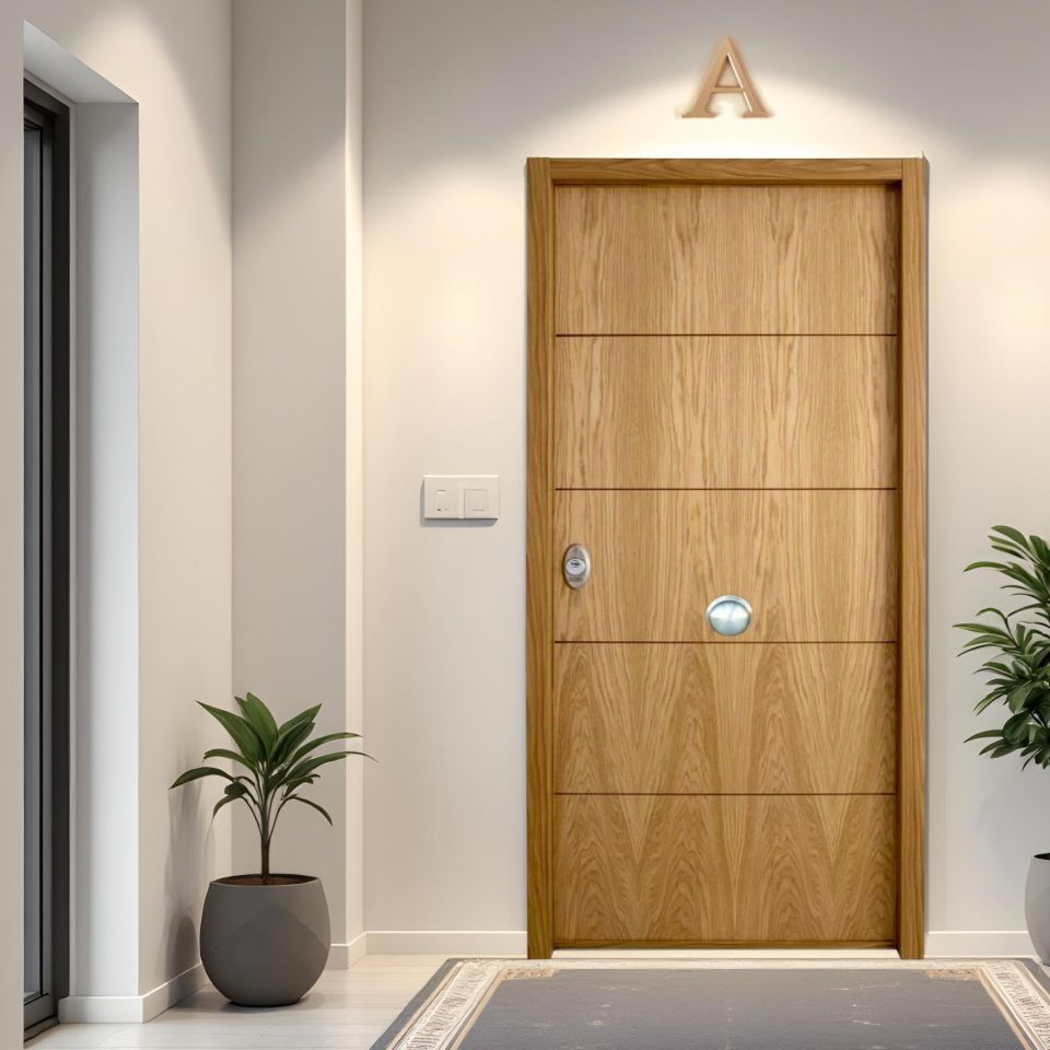 Puerta acorazada de seguridad en acabado roble con diseño horizontal moderno, instalada en acceso principal