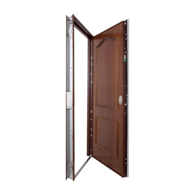 Puerta acorazada sapelly con diseño de 2 cuadros, mostrada abierta con bastidor metálico y sistema de cierre de alta seguridad