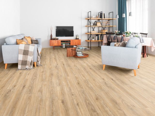 Suelo Laminado Hidrófugo AC5 12mm Hábitat Plus Roble 123 instalado en un salón