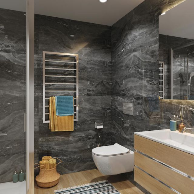 Revestimiento Pared Spc Dark Stone Instalado En Un Bano 2D263949