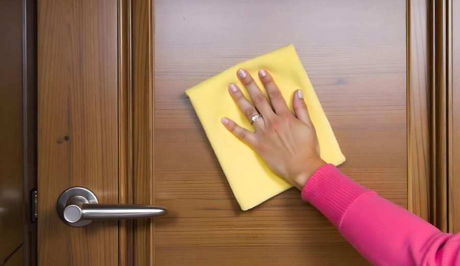 Mano De Mujer Limpiando Una Puerta De Madera