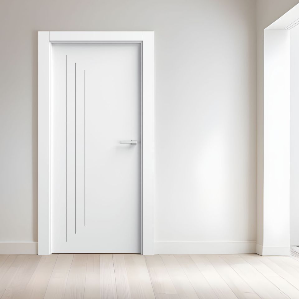 Puerta Blanca Lacada Con Tres Rayas Verticales Decorativas, Instalada En Interior Minimalista Con Suelo De Madera Clara