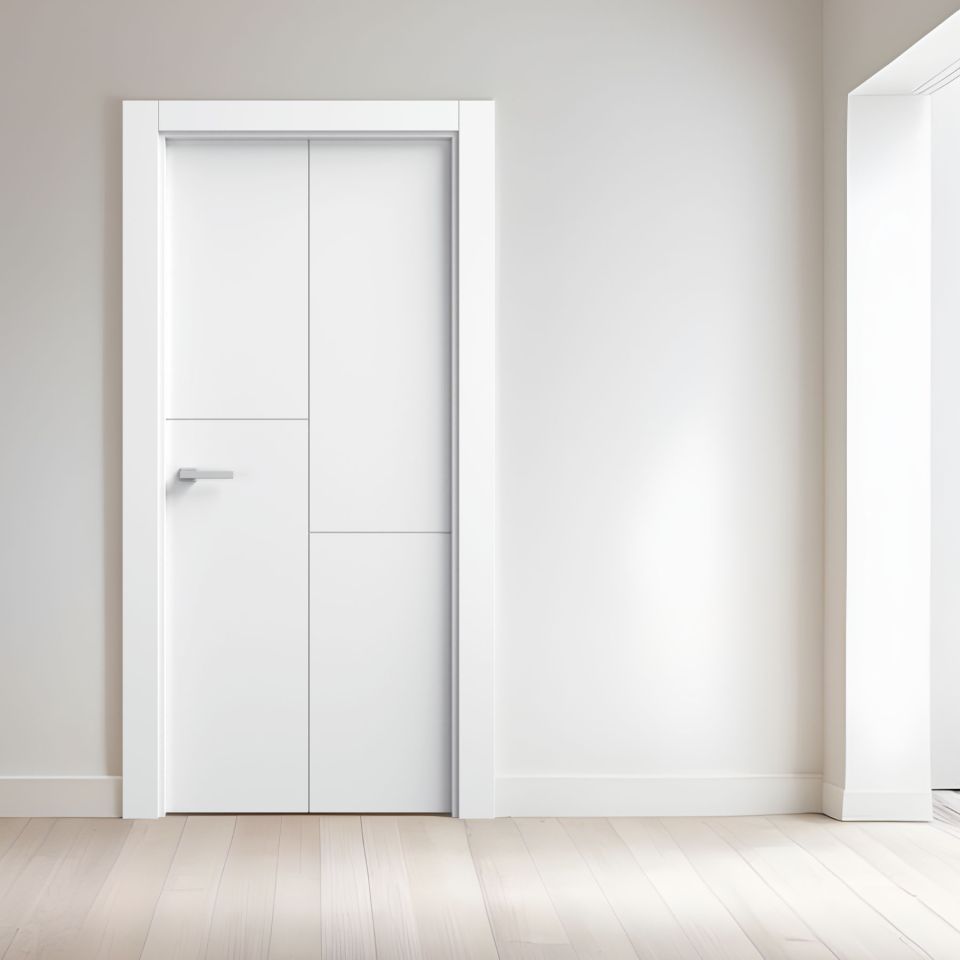 Puerta Blanca 3 Rayas Lacada En Block Mod. Tb614 Instalada En Una Habitación Moderna Con Paredes Blancas