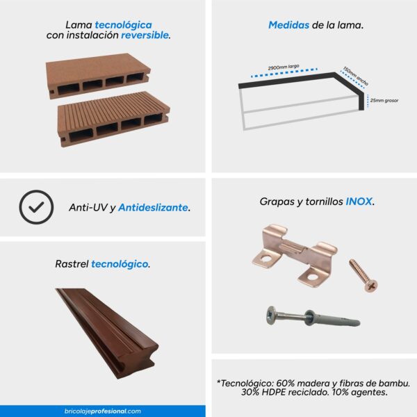 Características Principales De Las Lamas De Tarima Tecnológica Color Rojizo Con Rayas Y Liso Mg-02 1L