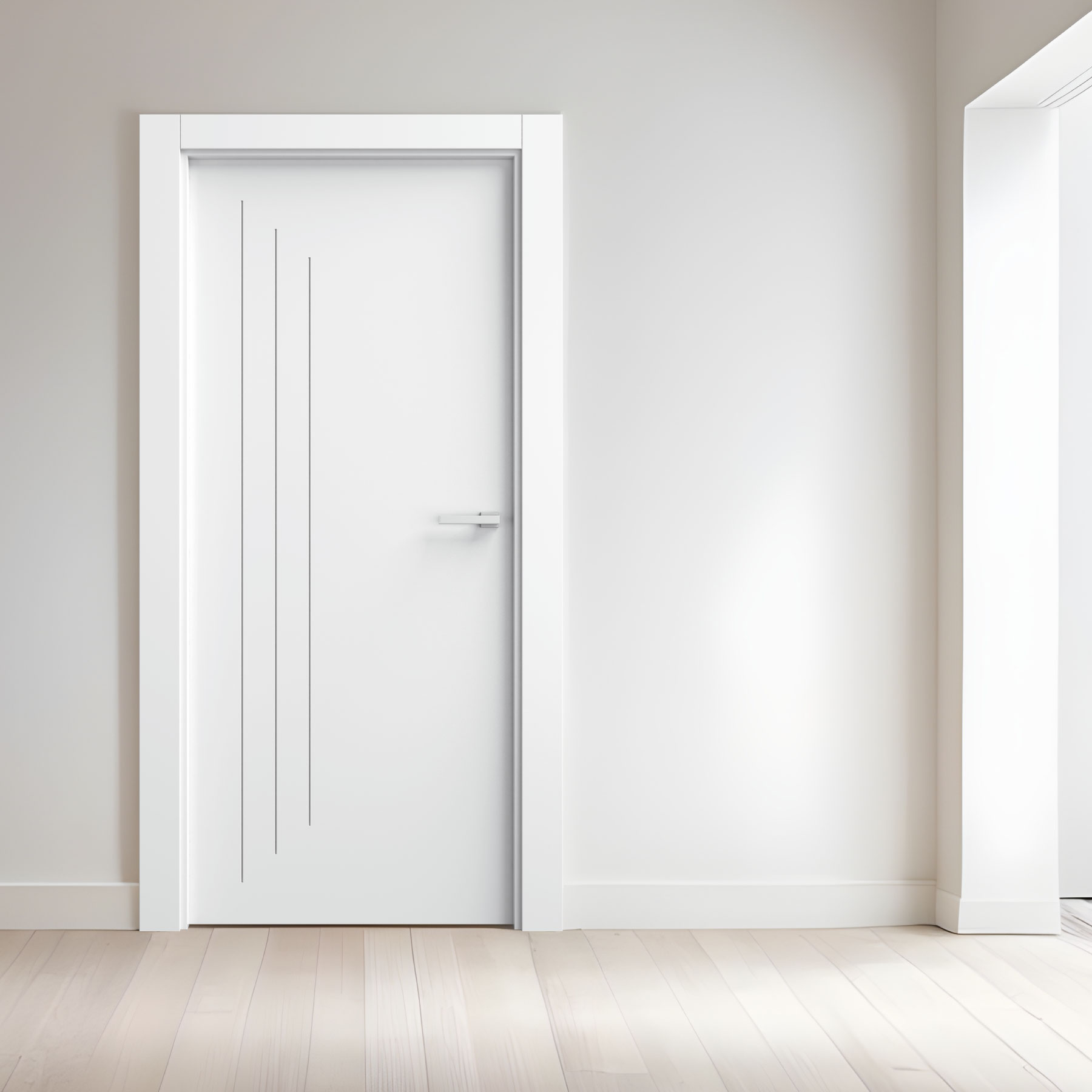 Puerta Blanca Lacada Con Tres Rayas Verticales Decorativas, Instalada En Interior Minimalista Con Suelo De Madera Clara