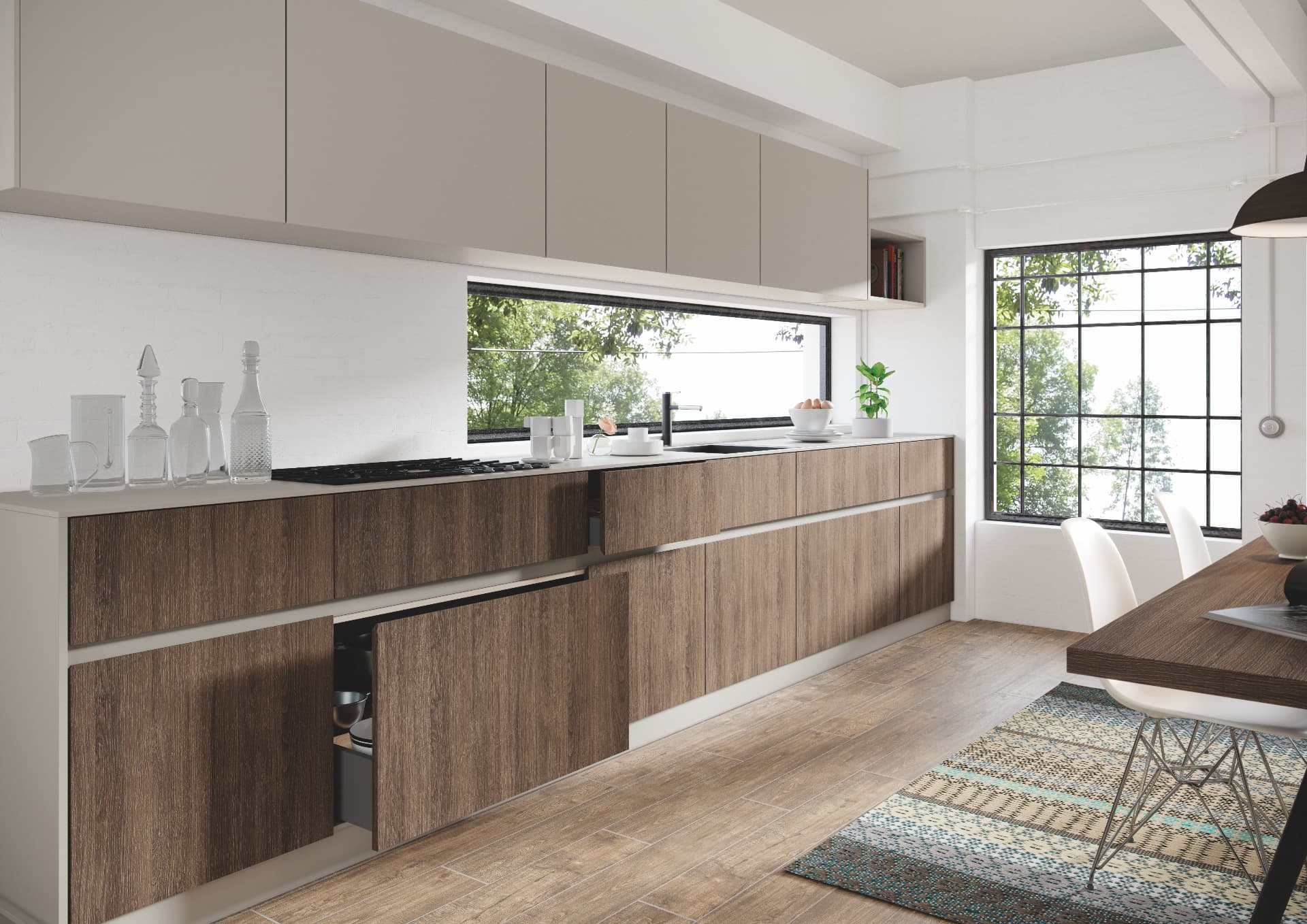 Cocina a medida moderna con gabinetes de madera, encimera blanca