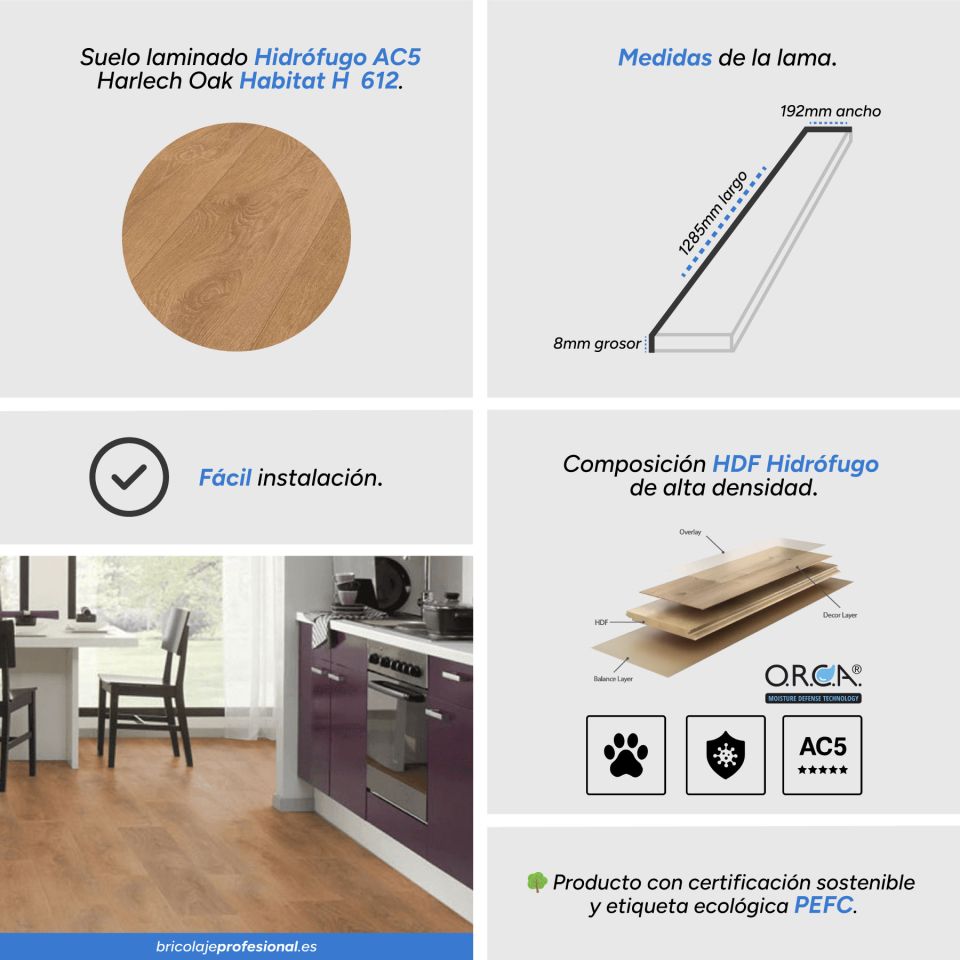 Características Suelo Laminado Hidrófugo AC5 8mm Hábitat Harlech Oak H 612
