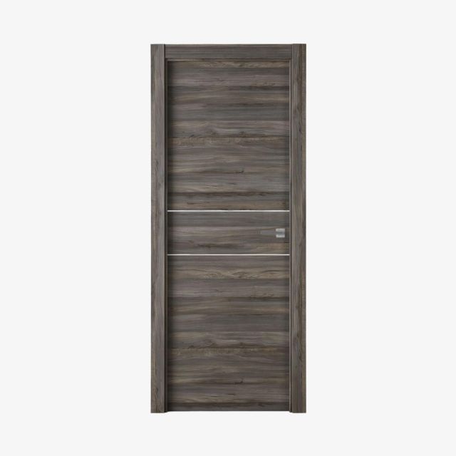 Vista frontal de la puerta laminada X2001 Vulcano Greca Blanca Perciber con acabado en madera gris, vetas marcadas y greca horizontal blanca.