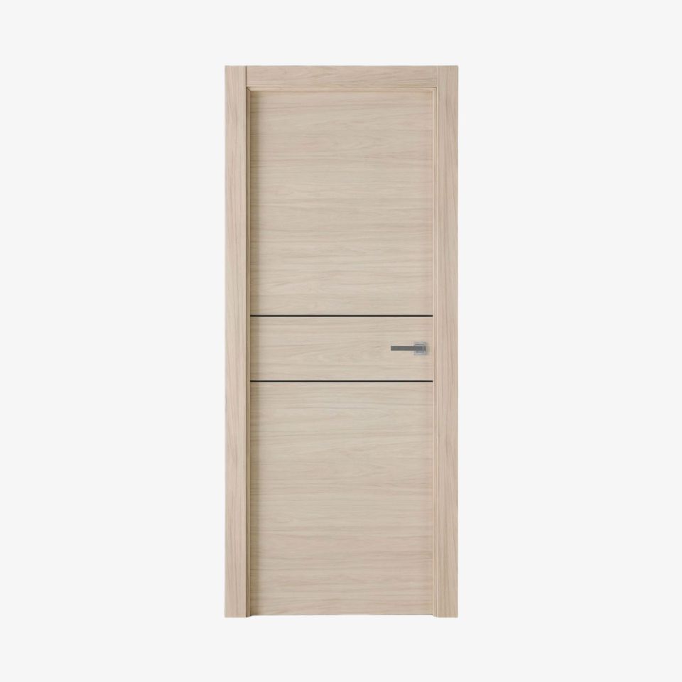 Puerta laminada modelo X2001 en acabado Roble Arena con greca negra, marca Perciber, vista frontal sobre fondo blanco.