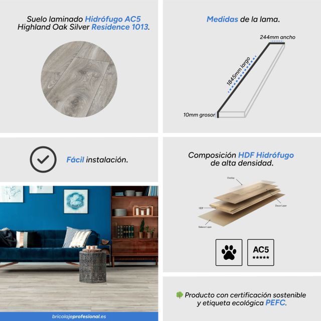 Características Suelo Laminado Hidrófugo AC5 10mm Residence Highland Oak Silver 1013 instalado en un salón