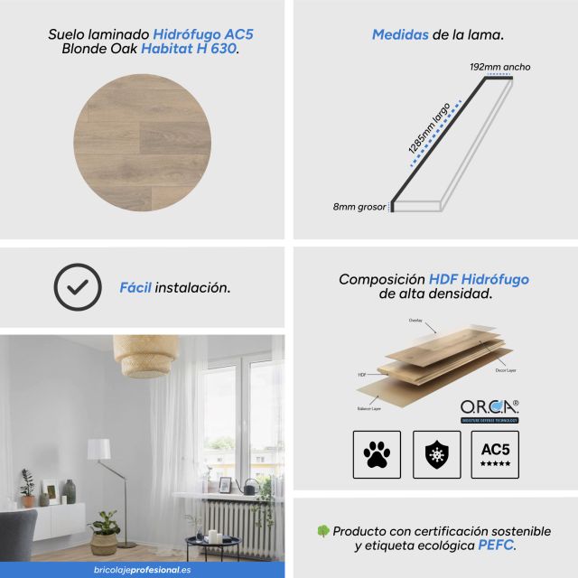 Características Suelo laminado Hidrófugo AC5 Hábitat Blonde Oak H 630