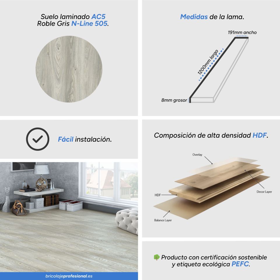 Características Suelo Laminado AC5 N-Line Roble gris 505