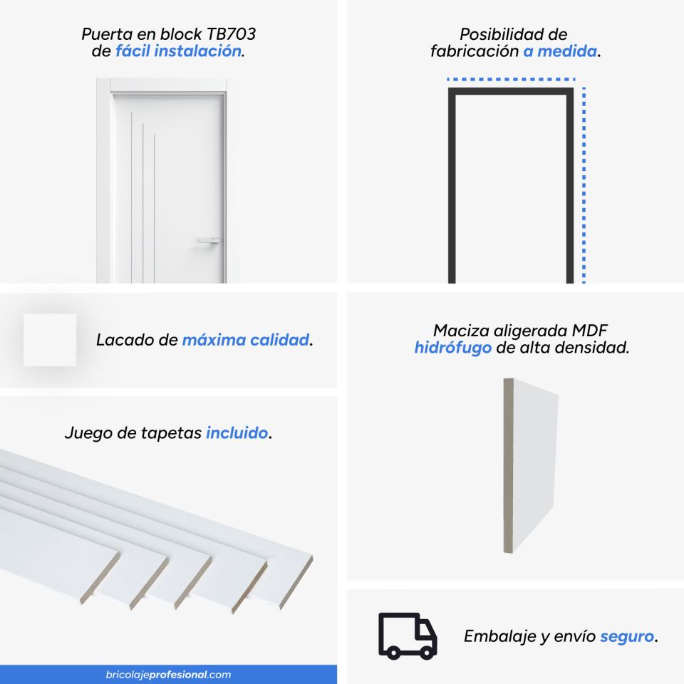 Detalles técnicos de la puerta blanca 3 rayas verticales maciza mod. TB703