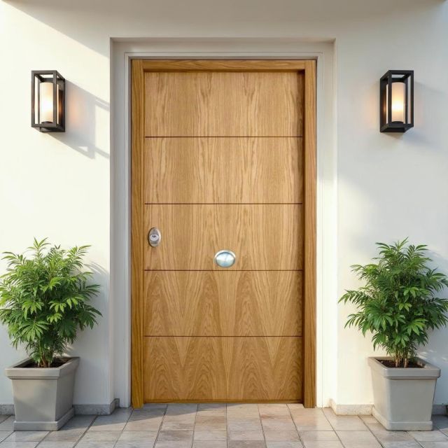 Puerta acorazada de exterior instalada en entrada principal de vivienda unifamiliar con diseño elegante y moderno