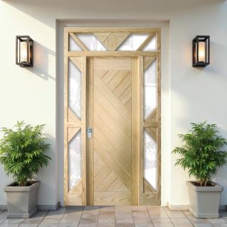 Puerta de madera exterior a medida con diseño geométrico y cristales decorativos en entrada de vivienda