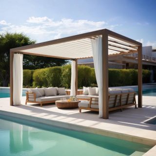 Pérgola De Madera Con Vigas Rectas Instalada Junto A Piscina, Ideal Para Zonas De Sombra Al Aire Libre