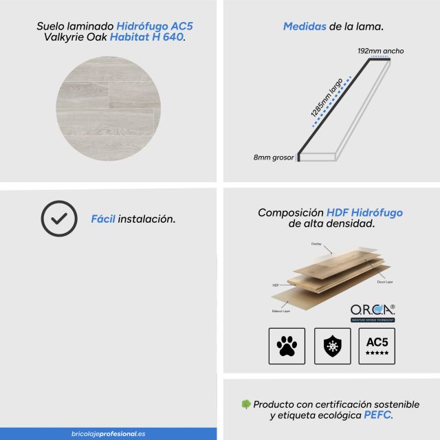Características Suelo Laminado AC5 Hábitat Valkyrie Oak H 640