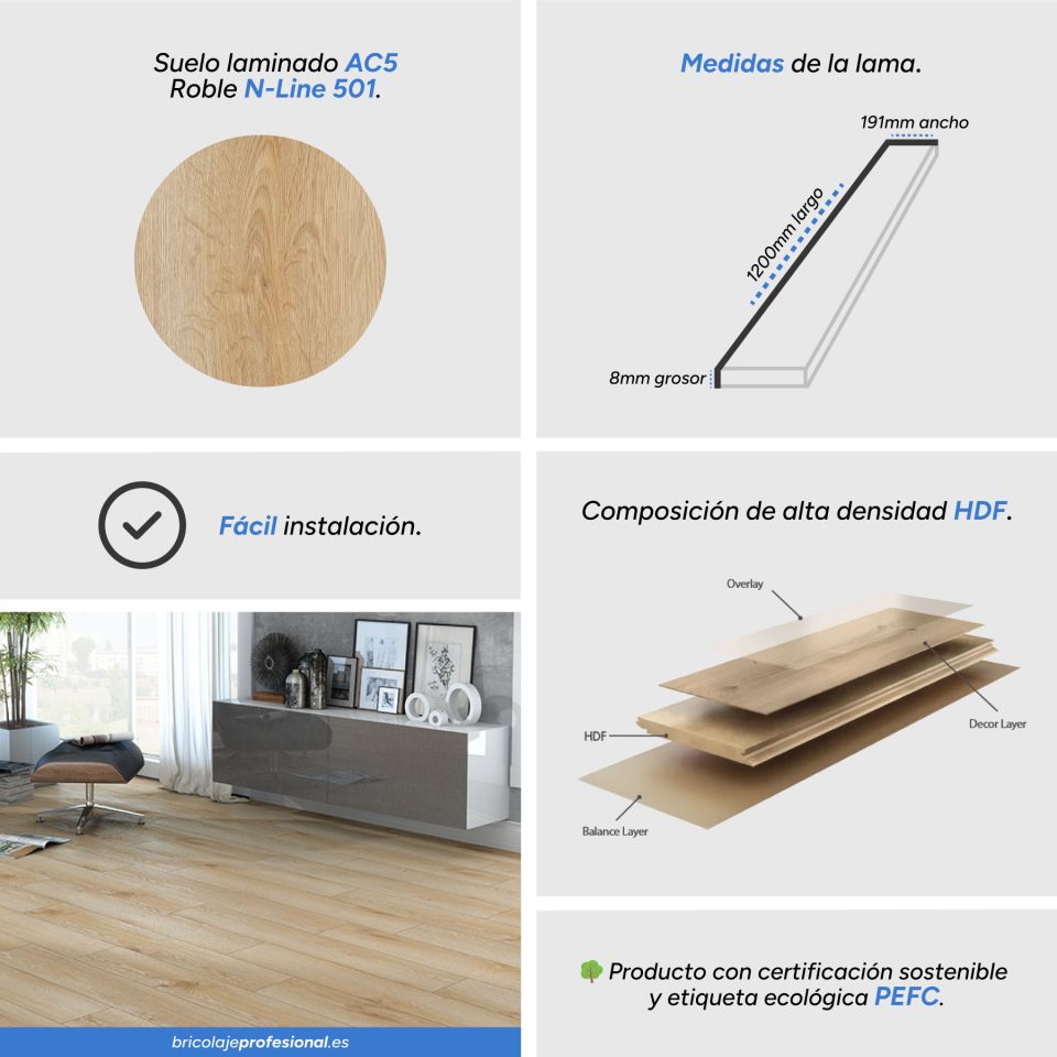 Características del Suelo Laminado AC5 N-Line Roble 501