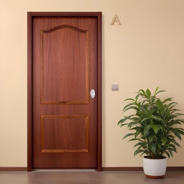 Puerta acorazada estilo provenzal en acabado sapelly, instalada en interior con planta decorativa y cerradura de alta seguridad