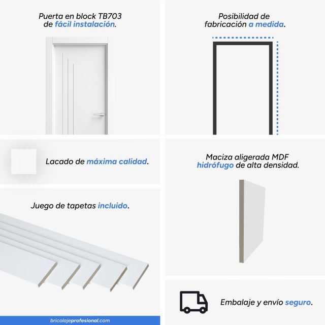 Detalles técnicos de la puerta blanca 3 rayas verticales maciza mod. TB703
