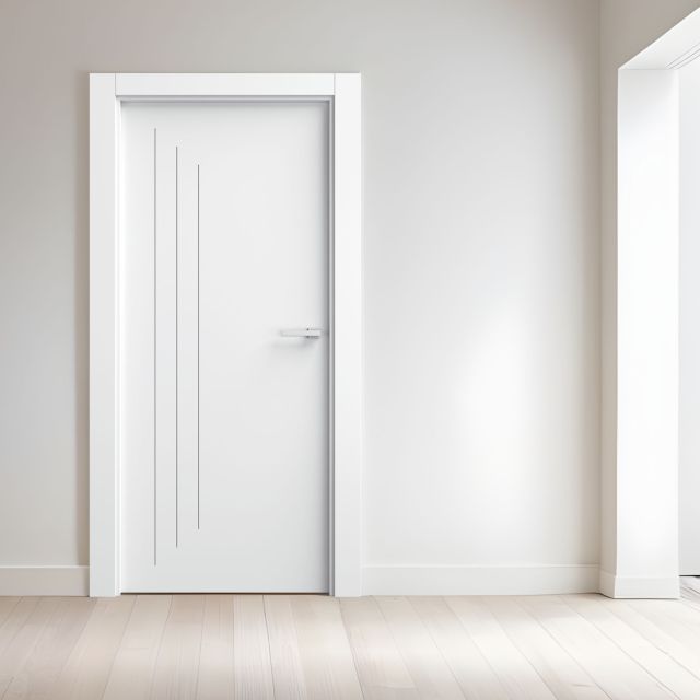 Puerta blanca lacada con tres rayas verticales decorativas, instalada en interior minimalista con suelo de madera clara