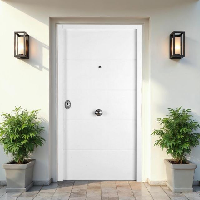 Puerta acorazada blanca colocada en una entrada moderna con plantas decorativas y apliques de luz, ideal para hogares seguros y elegantes