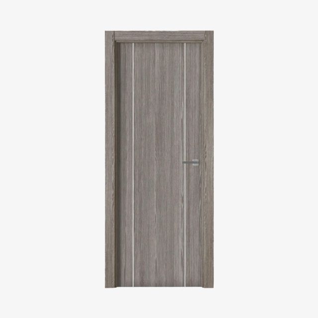 Puerta laminada G1006 Zenic Greca Blanca Perciber en vista frontal con acabado gris Zenic y dos grecas verticales blancas decorativas