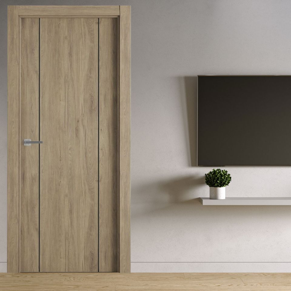 puerta laminada g1006 roble urban greca negra perciber instalada en ambiente moderno con pared clara y decoración minimalista