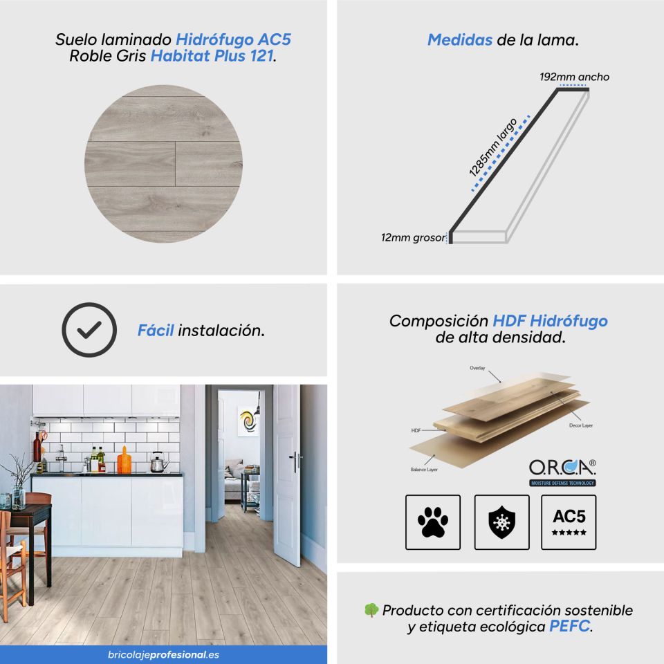 Características Suelo Laminado AC5 Hábitat Plus Roble 121