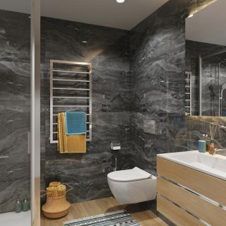 revestimiento pared spc dark stone instalado en un baño