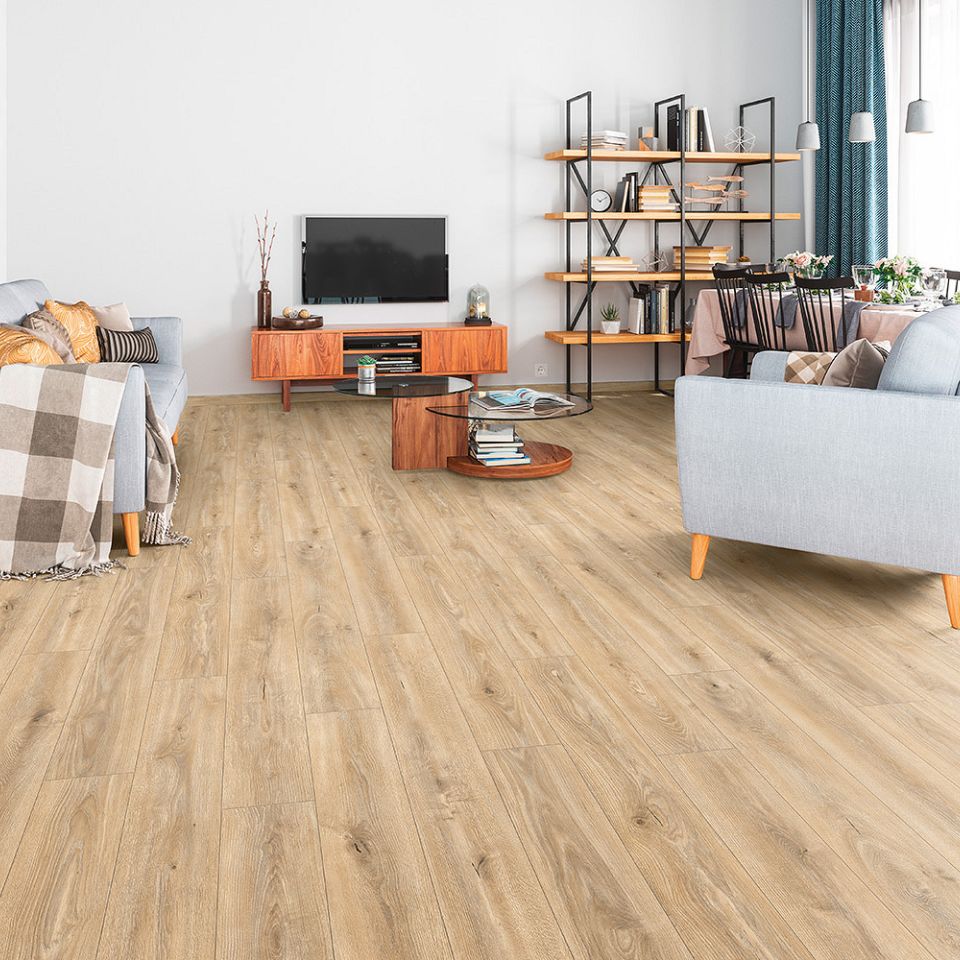 Suelo Laminado Hidrófugo AC5 12mm Hábitat Plus Roble 123 instalado en un salón