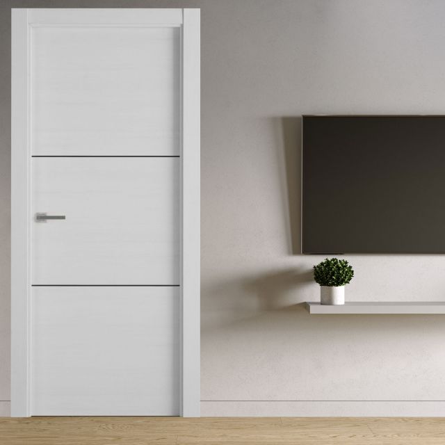 puerta laminada x2002 talcum greca negra instalada en salón moderno con pared neutra y mueble minimalista