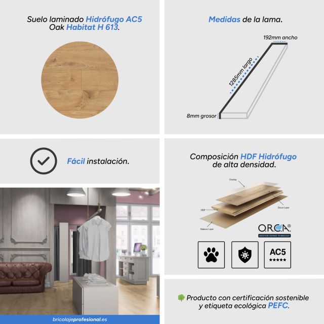 Características Suelo Laminado Hidrófugo AC5 8mm Hábitat Oak H 613