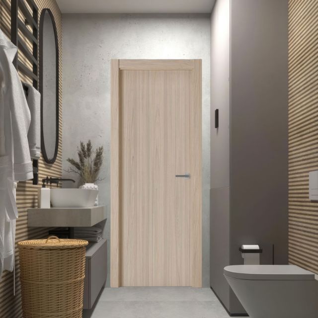 puerta laminada roble estrío instalada en un baño de diseño moderno