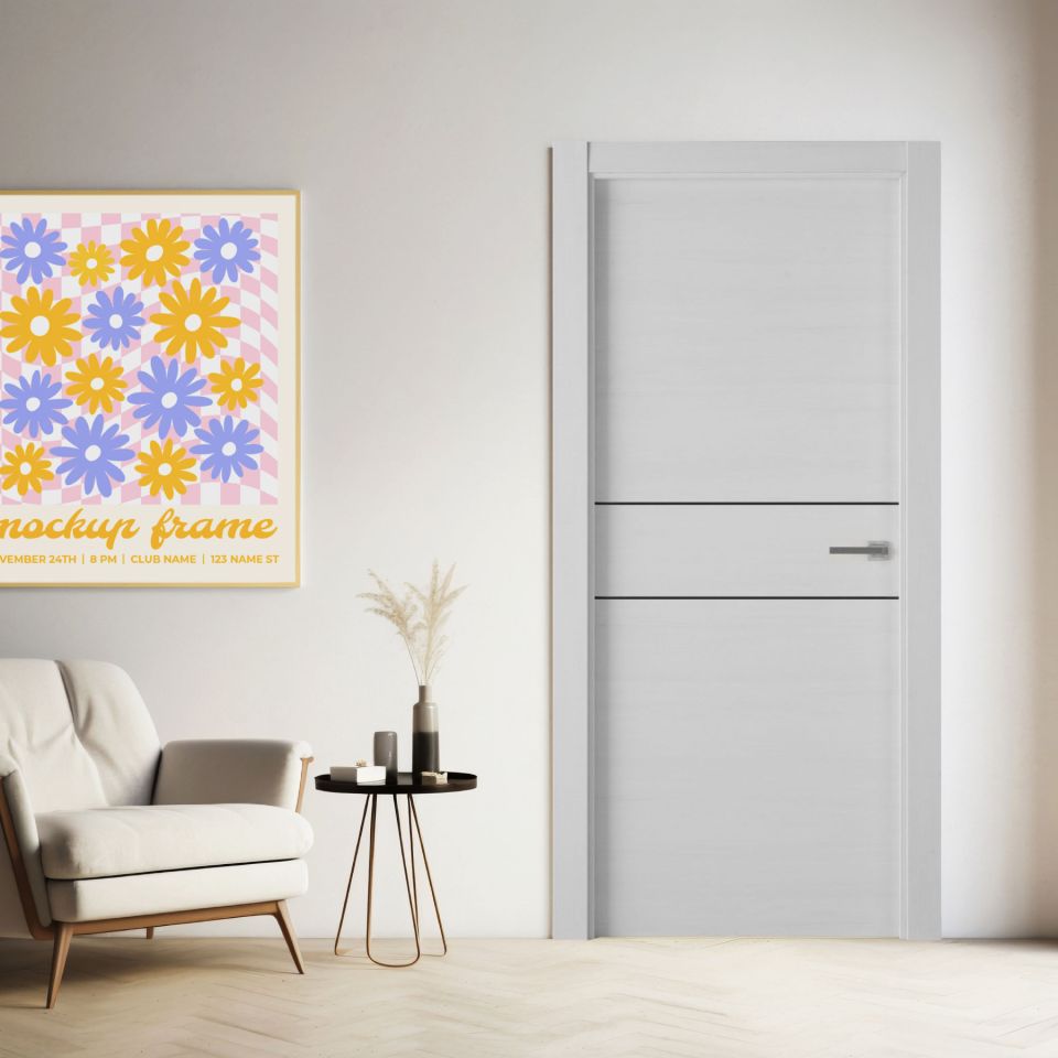 puerta laminada x2001 talcum greca negra instalada en salón moderno con sillón mesa y cuadro decorativo