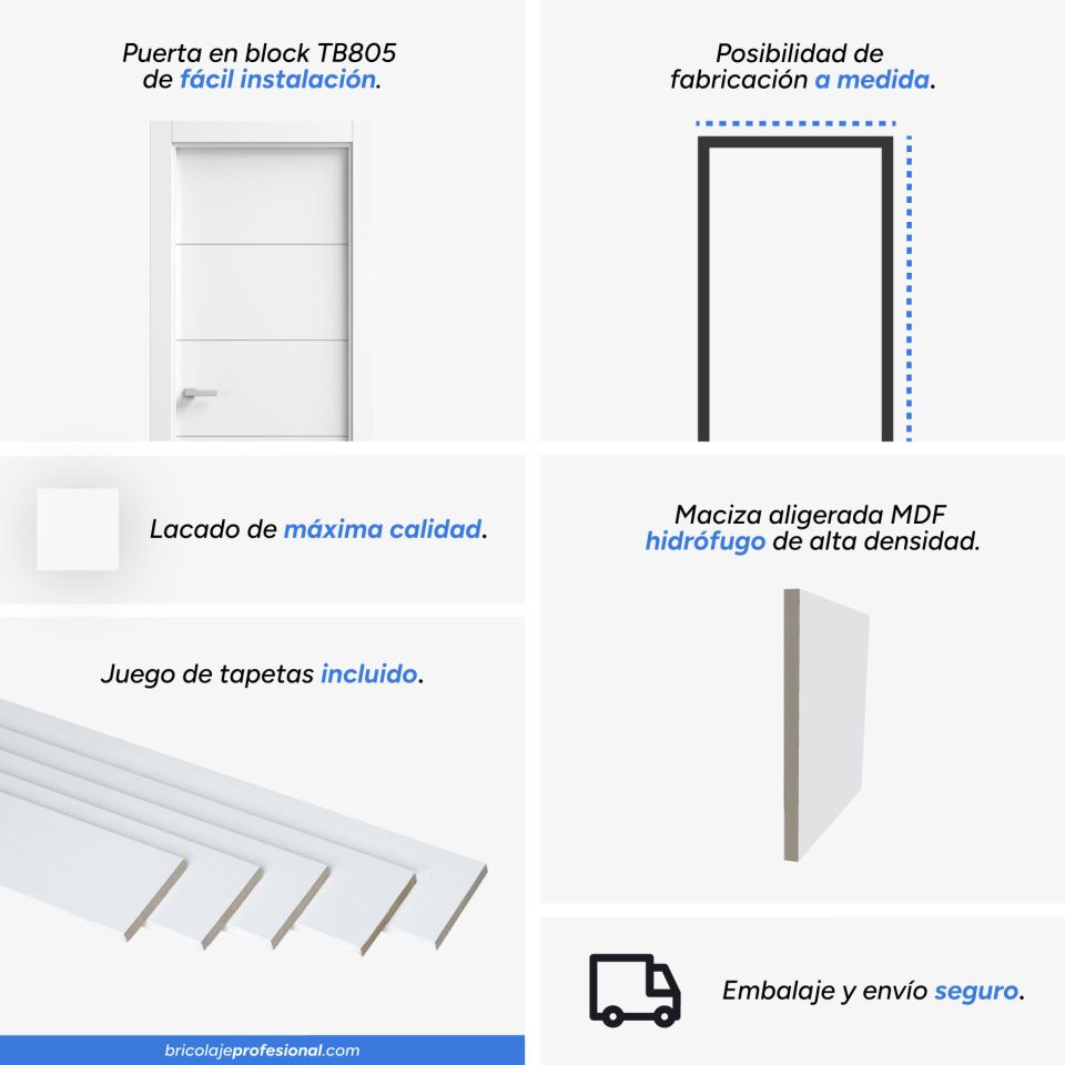 Características principales de una puerta lacada blanca en block maciza mod TB805