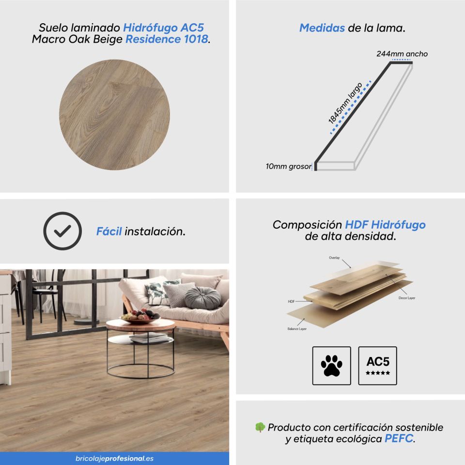 Características Suelo Laminado Hidrófugo AC5 10mm Residence Macro Oak Beige 1018