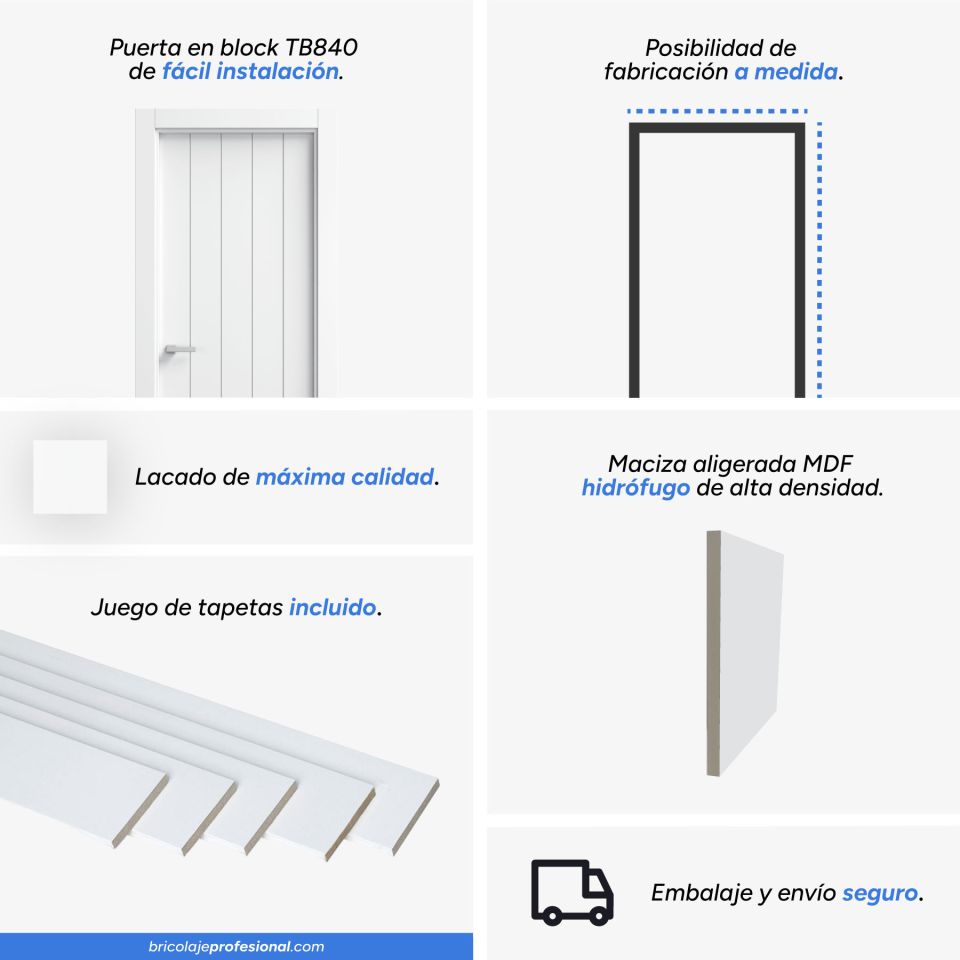 Características principales de la puerta lacada blanca en block maciza mod TB840