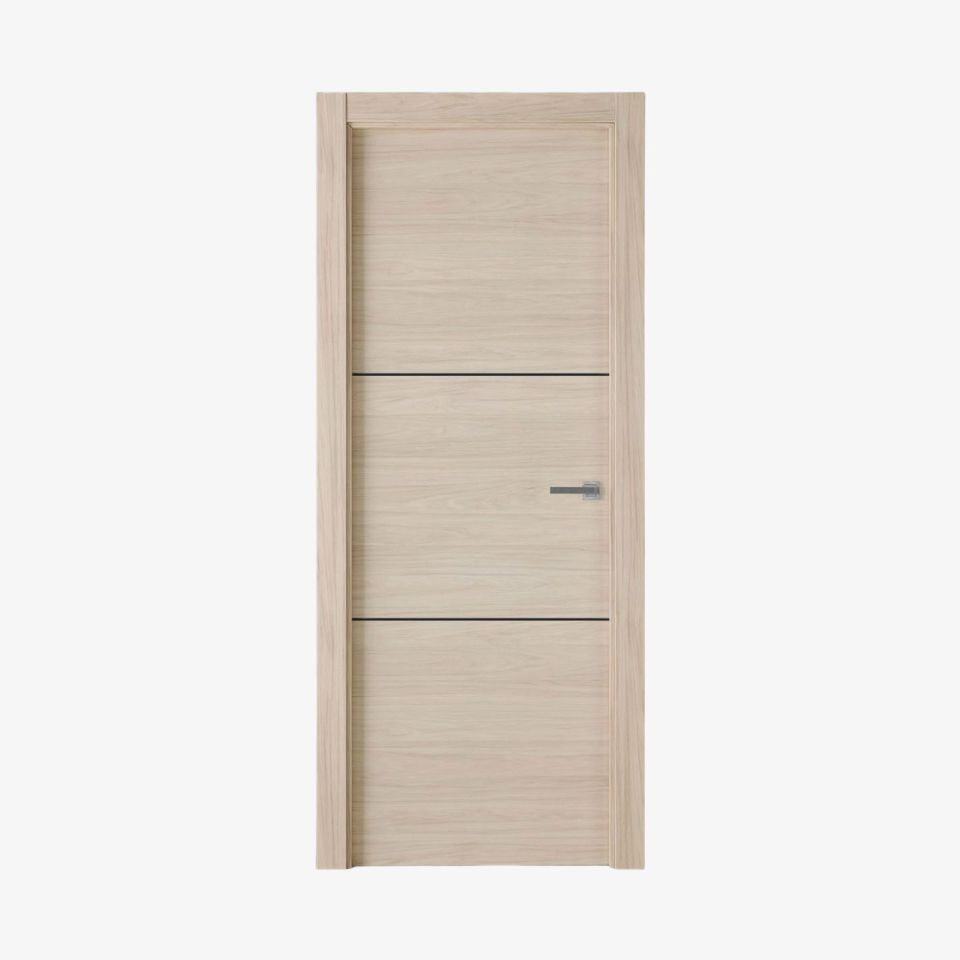 Puerta laminada modelo X2002 en acabado Roble Arena con greca negra, fabricante Perciber, vista frontal sobre fondo blanco.