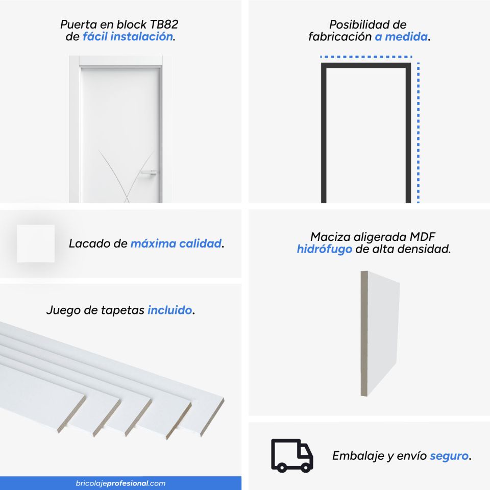 Características principales de la puerta lacada blanca en block maciza mod TB82