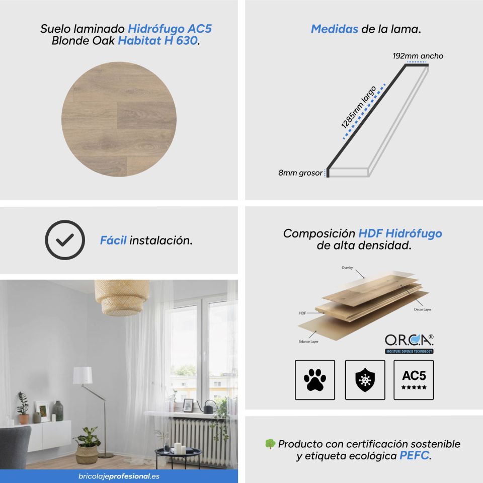 Características Suelo laminado Hidrófugo AC5 Hábitat Blonde Oak H 630
