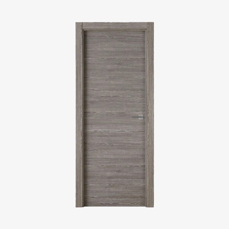 Puerta laminada X1000 Zenic Perciber en acabado gris con vetas horizontales y tirador metálico, modelo presentado en vista frontal.