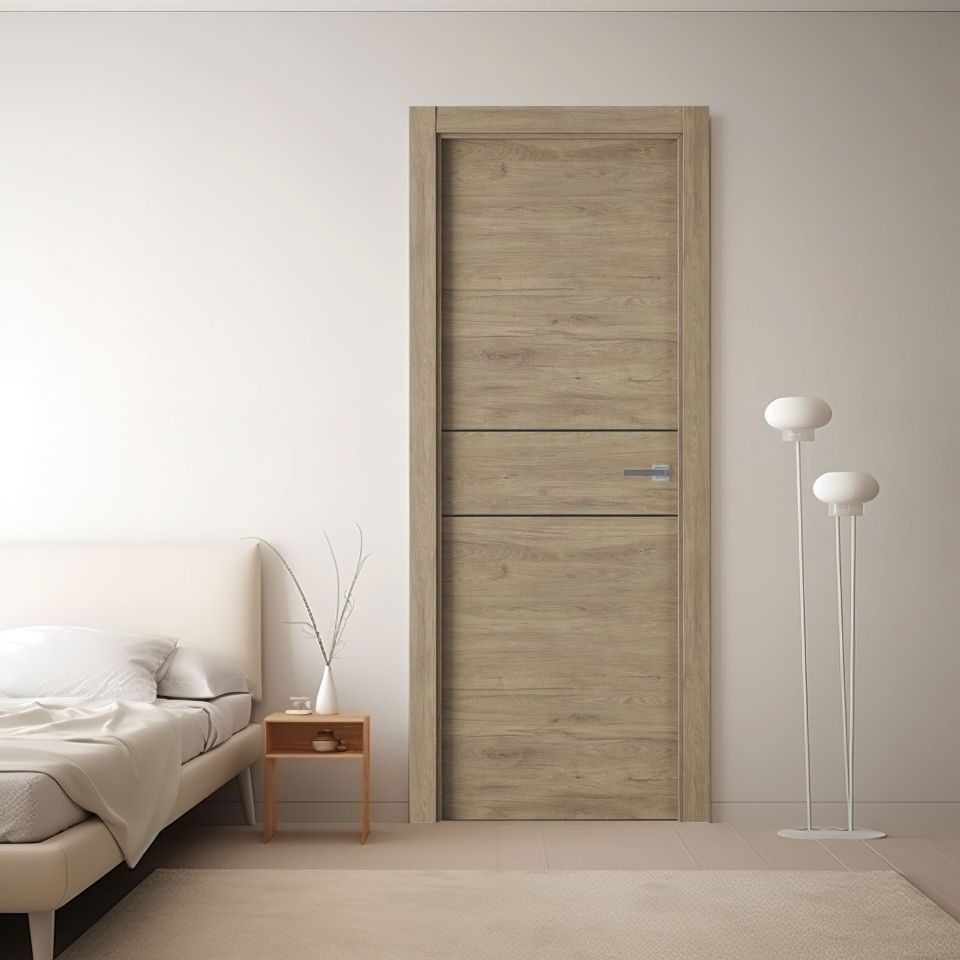 puerta laminada x2001 roble urban greca negra instalada en dormitorio moderno