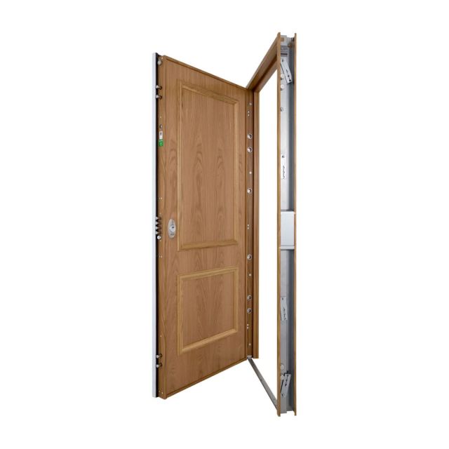 Puerta acorazada de madera con diseño de 2 cuadros abierta, mostrando bastidor de seguridad y sistema de cierre multipunto