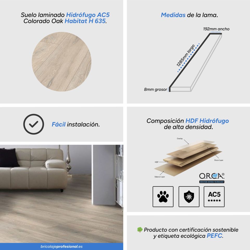 Caracteristicas Suelo Laminado Hidrófugo AC5 8mm Hábitat Colorado Oak H 635