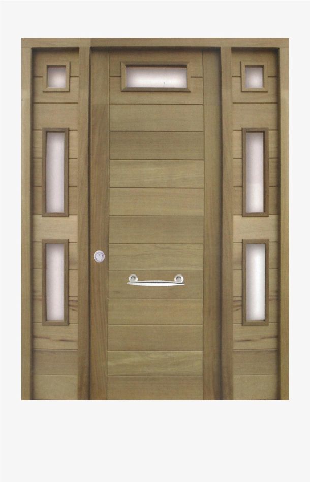 puerta de madera con cristal exterior y rayas horizontales
