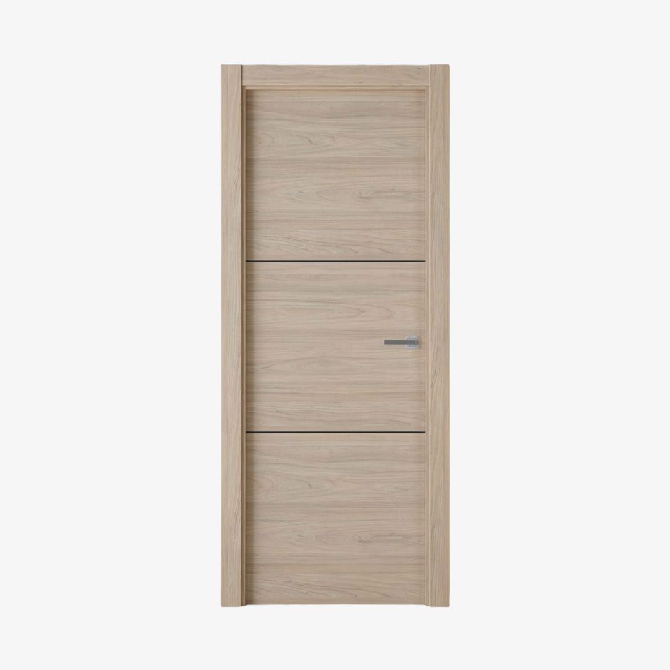 puerta laminada roble estrío con greca negra en fondo blanco